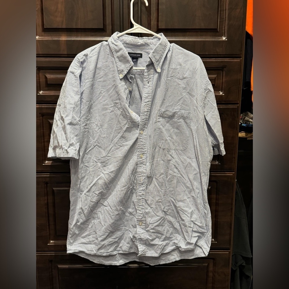 LANDS END Men's Blue Striped Shirt LARGE